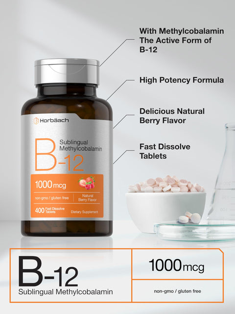 Horbaach Vitamin B12 1000 mcg Sublingual 400 Fast Dissolve Tablets Methylcobalamin Supplement for Women and Men Berry Flavor Vegan NonGMO and Gluten Free