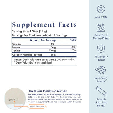 FullWell Unflavored Collagen Peptides Powder Stick Packs - Portable Grass-Fed Bovine Collagen for Skin Health - Tissue Elasticity Support - Pregnancy & Breastfeeding-Safe - 30 Count (30 Servings)