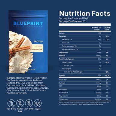 Blueprint Bryan Johnson Hemp Protein - 27G Plant Protein - Chai (15 Servings)