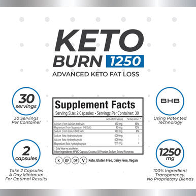 Keto Burn 1250 Burn Body Fat as Fuel, Boost Energy and, Suppress Appetite for Weight Loss and Performance (1 Bottle 30 Servings) (1 Bottle 30 Servings)