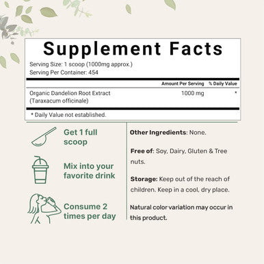 Micro Ingredients Organic Dandelion Root Tea Powder 1lb | Up to 450 Servings | Premium Dark Tea Source for Daily Beverage | 100% Roasted Dandelion Supplement | Caffeine Non-GMO Eco-Friendly Recyclable Bags