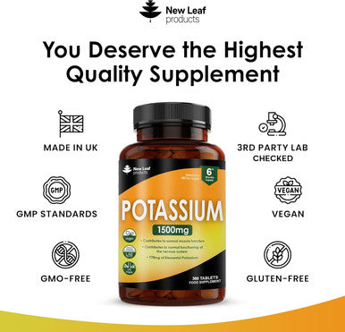 Potassium Supplements High Strength - 360 Vegan Potassium Tablets Mineral Electrolytes Supplement Contributes To Normal Muscle Function, Nervous System - Gluten-, Non-Gmo, Made In Uk By Leaf