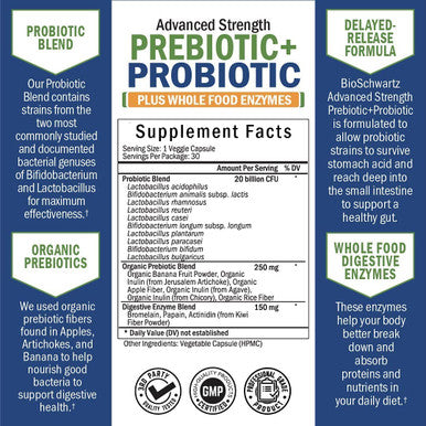 Prebiotics and Probiotic with Whole Food Enzymes for Adults Women Men Probiotics Lactobacillus Acidophilus Digestive Health Capsules Shelf Stable Supplement NonGMO Gluten Dairy Free 30ct