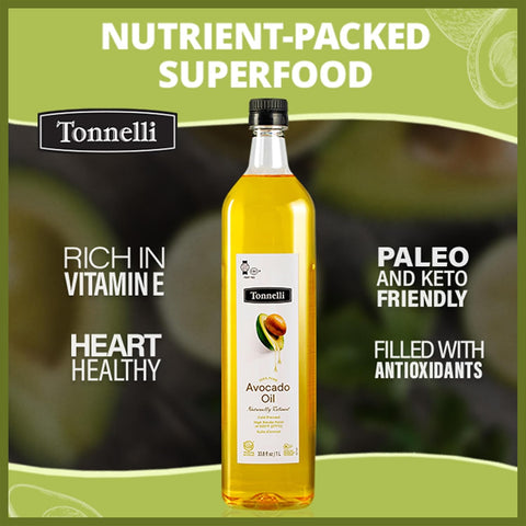 Tonnelli Premium Cold Pressed Naturally Refined Avocado Oil, 1 Liter (2 Pack) | High Smoke Point 520F | Product of Spain | Certified Kosher (including Passover)