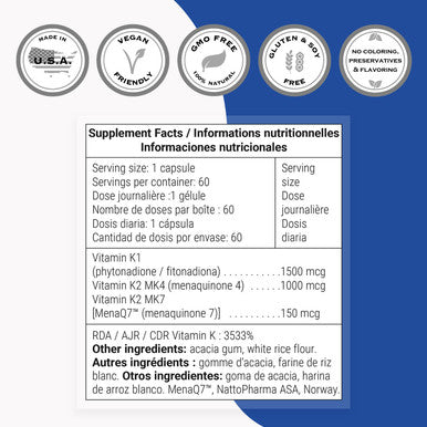 Supersmart Complete K 3 Bioavailable Forms of Vitamin K K1 K2 MK4 K2 MK7 Support Bones Teeth Health NonGMO Gluten Free 60 Vegetarian Capsules