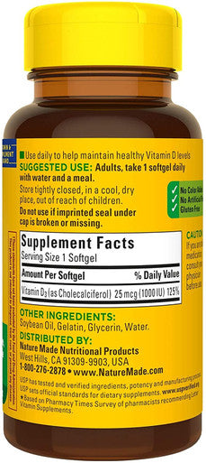 Nature Made Vitamin D3 1000 Iu Supplement Liquid Softgels 100 Count (Pack Of 2)