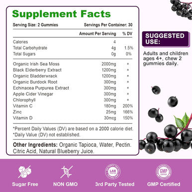 2 Pack Elderberry & Sea Moss Gummies, With Vitamin C, Bladderwrack, Burdock, Echinacea, Immune Support For Women, Men, Adults & Kids, Blueberry Flavor 120Ct