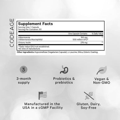 Codeage Akkermansia Muciniphila Probiotic Ultra - High-Potency 500M AFUs Akkermansia Probiotic Supplement - Enhanced Daily Probiotic & Prebiotic Chicory Inulin - 3-Month Supply - 90 Capsules