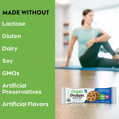 Orgain Organic Plant Based Protein Bar Chocolate Chip Cookie Dough 10g of Protein Vegan Gluten Non Dairy Soy Lactose Kosher NonGMO 1.41 Ounce 12 Count