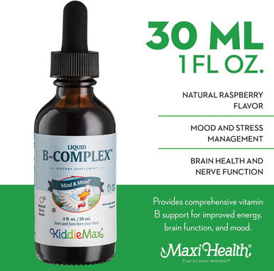 Maxi Health Raspberry Liquid Vitamin B Complex - Supplement with Vitamin B12 - Sublingual B Drops for Kids with B1 B2 B3 B5 B6 Biotin Folic Acid - for Energy & Brain Function 2 fl. oz. w/Red Pillbox