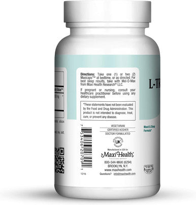 Maxi Health L-Tryptophan 500mg - Pharmaceutical Grade - Mood & Sleep Formula - 90 Capsules - Kosher