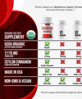 DECENT NATURE Organic Berberine with Ceylon Cinnamon 2175mg Premium berberine supplement high purity extract USDA Organic support immune system Berberine Plus Complex Non GMO Vegan for Men Women 90 Capsules