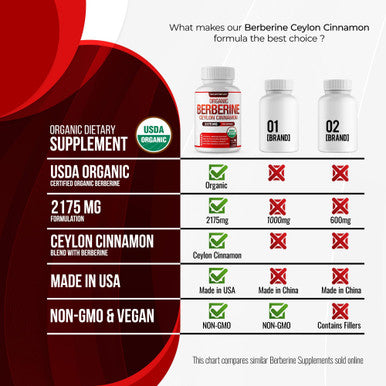DECENT NATURE Organic Berberine with Ceylon Cinnamon 2175mg Premium berberine supplement high purity extract USDA Organic support immune system Berberine Plus Complex Non GMO Vegan for Men Women 90 Capsules