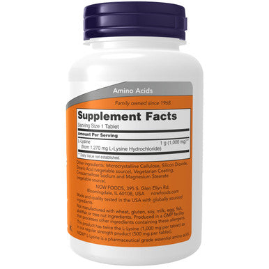 NOW Foods Supplements, (L-Lysine Hydrochloride) 1,000 mg Double Strength Amino Acid 100 Tablets