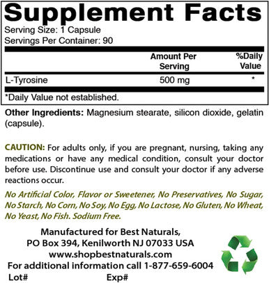 Best Naturals L-Tyrosine 500 mg 90 Capsules (90 Count (Pack of 2))