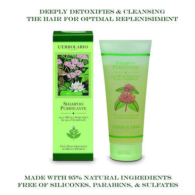 L'Erbolario Purifying Shampoo - Deep Cleanser For All Hair Types - With Water Mint And Vitamin E - Blended With Essential Oil Of Peppermint - Deodorizing Shampoo To Keep Odors At Bay - 6.7 Oz