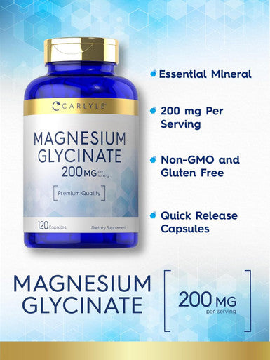 Carlyle Magnesium Glycinate | 200mg | 120 Capsules | Non-GMO and Gluten Supplement