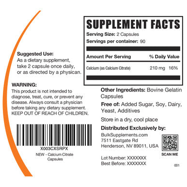 BulkSupplements Calcium Citrate Capsules - Calcium Supplements for Bone Health - Unflavored - 1000mg (210mg of Calcium) (180 Capsules)