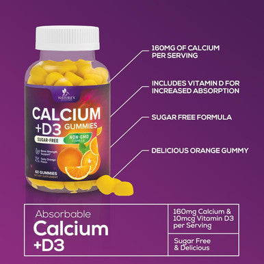 Nature'S Nutrition Sugar Calcium Gummy Bites Plus 400 IU Vitamin D3 Bone Health & Immune Support Supports Bone Strength - Chewable Calcium Nutrition Supplement Non-GMO Orange Flavor Chews - 60 Gummies