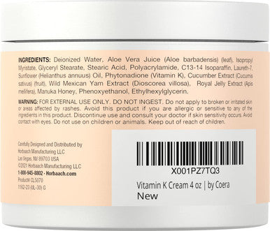Vitamin K Cream 4 oz Premium Formula for Bruises Spider Veins Dark Circles Broken Capillaries Eyes and Face Paraben and SLS Free by Coera