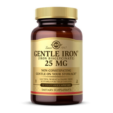 Solgar Gentle Iron (Iron Bisglycinate) 25 Mg 90 Vegetable Capsules Non Constipating Gentle On Your Stomach Gluten Free 90 Servings