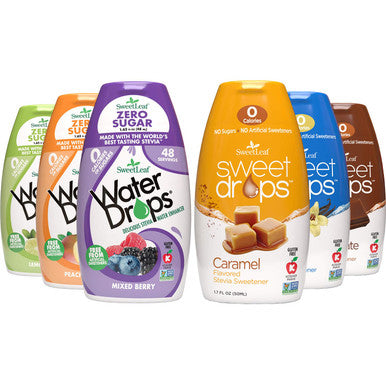 Sweetleaf Stevia Liquid Variety 6-Pack Caramel Chocolate Vanilla Sweet Drops 1.7 Oz Ea + Peach Mango Lemon Lime & Mixed Berry Water Drops 1.62 Oz Ea