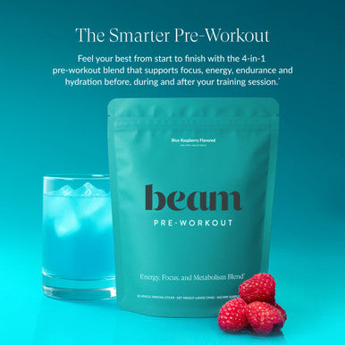 Beam Pre Workout Powder Pre Workout Supplement with Organic Caffeine 350 mg Electrolytes & Nootropic Focus Support No Sugar Pre Workout for Women & Men Blue Raspberry Flavor 20 Servings