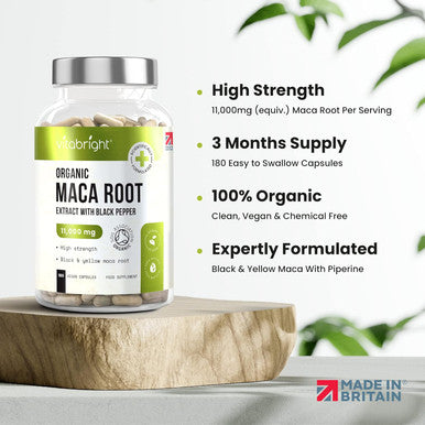 Black Maca Root Capsules For Women & Men, 180 (2 A Day) Maca Root Extract Equal To 11,000Mg Pure Organic Maca Root Powder, Yellow & Black Maca Complex + Black Pepper For Better Absorption - Vitabright