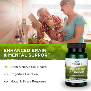 Swanson Lion's Mane Mushroom Capsules - 500 mg Each 60 Capsules - Herbal Supplement Supporting Cognitive Function