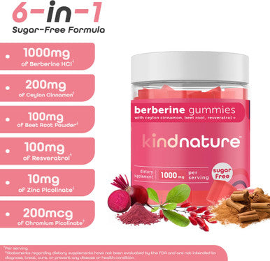 kindnature Kind Nature Berberine Gummies 1000mg with Ceylon Cinnamon & Resveratrol ÃƒÂ¢Ã¢â€šÂ¬Ã¢â‚¬Å“ Sugar-Free Vegan Supplement for Blood Sugar Support Metabolism Cravings Wellness Non GMO Gluten Free