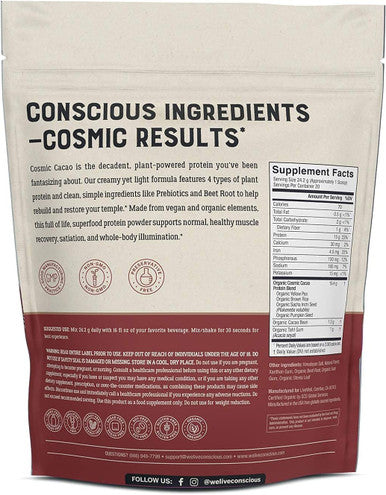 Live Conscious Organic Pea Protein Powder - Cosmic Cacao Chocolate Flavor | Low-carb Plant-Based Vegan Protein Blend - Pea, Brown Rice, Pumpkin, Sacha Inchi | 20 Servings, 17 oz