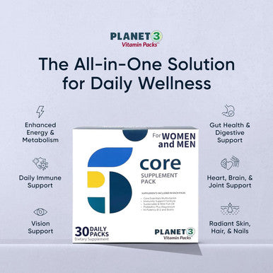 Planet 3 Vitamin Packs, Daily Vitamins For Immune, Energy, Heart & Vision Support Multivitamins, Vitamin D, Probiotics, Omega 3, Methyl B12 Core Supplements For Women And Men 30 Daily Packs