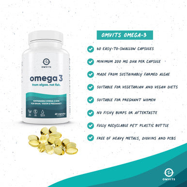 Omvits Vegan Omega 3 DHA from Algae Oil 1000mg - 60 Softgel Capsules with Vitamin E - Sustainable Algal Alternative to Fish Oil - Vegetarian Essential Fatty Acids - Supports Heart Brain & Eyes