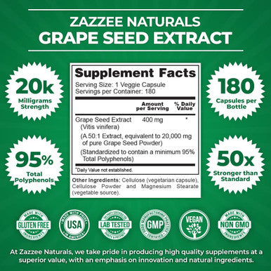 Zazzee Grape Seed Extract 20,000 mg Strength, 180 Vegan Capsules, 95% Polyphenols (Proanthocyanidins), Potent 50:1 Extract, 400 mg per Capsule, 6 Month Supply, Non-GMO and All-Natural