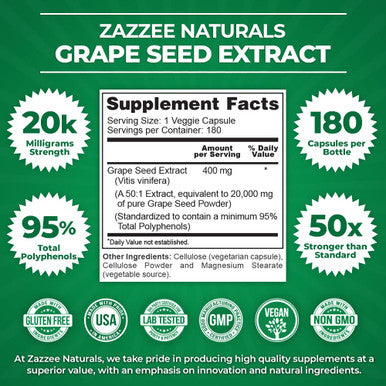 Zazzee High Strength Grape Seed 50:1 Extract, 20,000 Mg Strength, 180 Vegan Capsules, 95% Polyphenols, 6 Month Supply, Concentrat