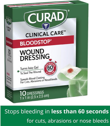 Curad Bloodstop Hemostatic Gauze Helps Stop Bleeding Quickly 1" x 1" 10 Count (Pack of 2)