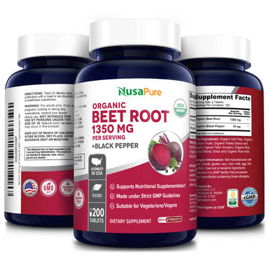 NusaPure Beet Root 1,350 mg 200 Organic Tablets (Vegetarian, USDA, Non-GMO & Gluten-Free) with Black