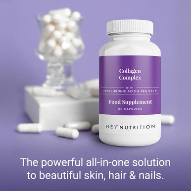 Hey Nutrition Collagen Complex Hyaluronic Acid & Sea Kelp Vitamin E C Biotin - Healthy Nails Skin Hair Joints Metabolism - Type 1 Marine Supplement - Non GMO 60 Capsules