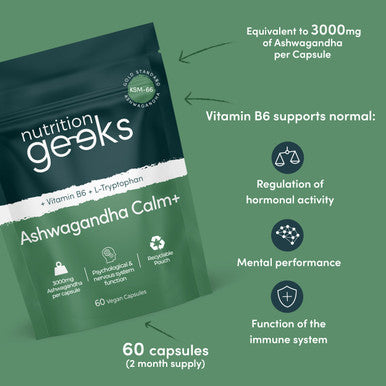 Ashwagandha KSM 66 Complex 3000mg Enhanced with L-Tryptophan & Vitamin B6 (2 Month Supply) Ashwagandha High Strength Capsules with 250mg Extract (Not Gummies or Powder) - Vegan UK Made