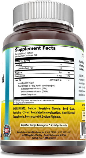 Amazing Nutrition Omega Fish Oil 1000mg 250 Softgels Supplement | Non-GMO | Gluten