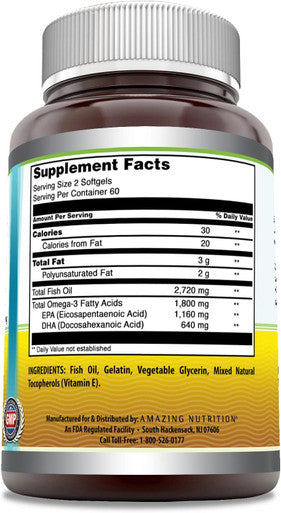 Amazing Nutrition Omega Triple Strength Fish Oil (Omega-3 EPA/DHA) Supplement | 1360 Mg Per Serving | 120 Softgels | Non-GMO | Gluten- | Made in USA