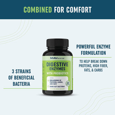 Digestive Enzymes Supplement with Probiotics for Breaking Down Dairy Protein Sugar Carbs Nutrient Absorption Lactose Gas Relief Bloating Vegetarian 3rdParty Tested 60 Capsules