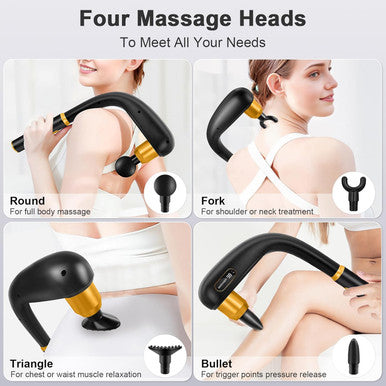 Massage Gun Deep Tissue With Extension Handle, Handheld Back Massager For Pain Relief Deep Tissue, Percussion Massage Gun For Neck/Shoulder/Waist/Legs/Foot/Muscle, 4 Massage Heads & 5 Speeds