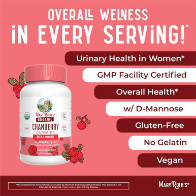 Maryruth Organics Organic Cranberry Gummies by | Cranberry Supplement | Urinary Tract Health for Women | with D Mannose | 500mg Cranberry | Traditional Use | USDA Organic | Vegan | Non GMO | 30 Servings