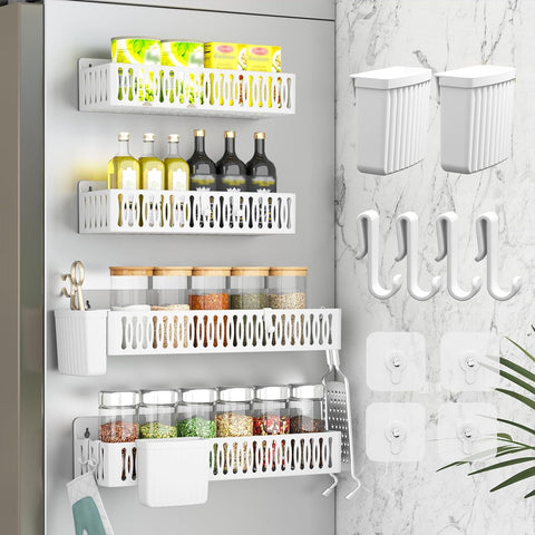 4-Pack Magnetic Spice Rack for Refrigerator with Hooks, Pink | Strong multipurpose magnetic shelf for kitchen & bathroom organization. Includes 4 removable hooks for hanging items.
