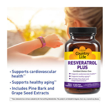 Country Life Resveratrol Plus Supports Cardiovascular Health 120 Vegan Capsules Certified Gluten Free Certified Vegan Non-Gmo Verified