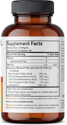 Futurebiotics Omega-3 Fish + Krill Oil 1000 MG Omega-3 EPA/DHA & Astaxanthin, Heart, Brain, Joint & Eye Support - Non-GMO, 120 Softgels (60 Servings)