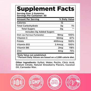 Iron Gummies For Women & Men - Iron Supplement With Vitamin B6, B12, C, Zinc, Folate For Adults & Kids - Support Iron Deficiency, Anemia, Energy Boost, Blood Builder - Sugar Vegan 60Ct Strawberry