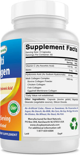 Best Naturals Multi Collagen Pills 2000mg for Women & Men - Hydrolyzed Collagen Peptides Capsules for Hair Skin and Nails with Types I II III V X Biotin Hyaluronic Acid & Vitamin C