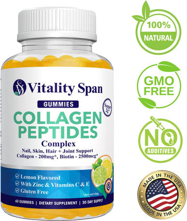 Collagen Gummies With Biotin (2500Mcg), Vitamins C, E, Zinc Beautiful Skin, Hair Growth, Strong Nails, Healthy Joints Low Sugar, Lemon Flavor 60 Collagen Gummy Vitamins